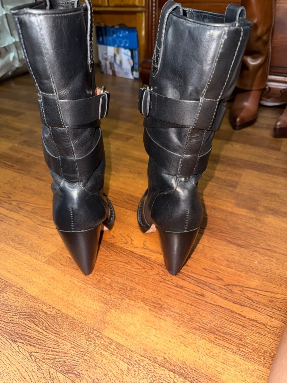 Michael Kors Black Leather Mid-Calf Heeled Buckle Boots - Picture 3 of 4
